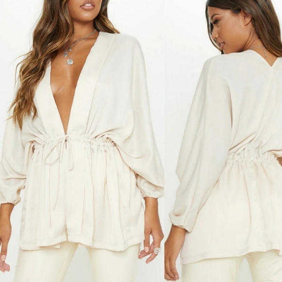 PrettyLittleThing Tops - Pretty little things cream textured woven Plunge tie top
